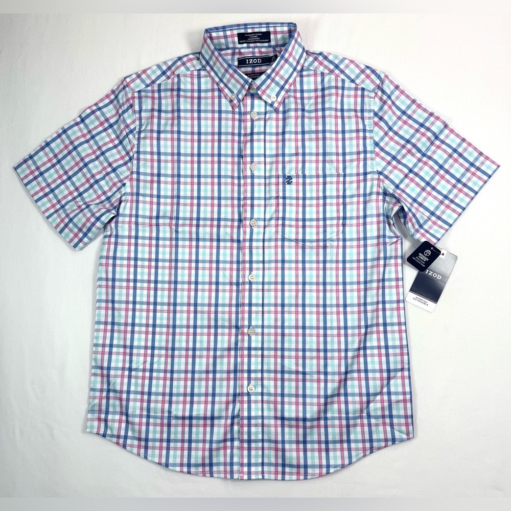 NWT IZOD Boys Short Sleeve Button Down Shirt L 14/16 Plaid Stretch Untucked NEW